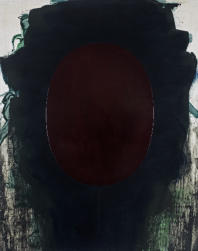 Oil, acrylic and paper on fabric on panel, 19” x 24” x ¼”, 2025.